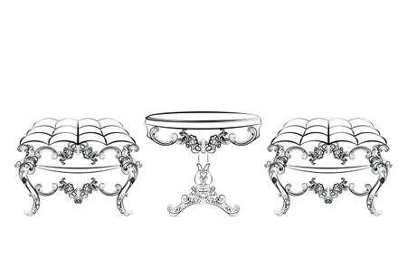 Baroque Rich style furniture. Elegant table and chair set with rich acanthus ornaments. Vector sketchのイラスト素材