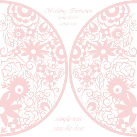 Vector round invitation card ornamental lace crochet with floral elements. Elegant lacy feather decoration, greeting card, wedding invitation or announcement, template. Rose pink. Springtime themeのイラスト素材