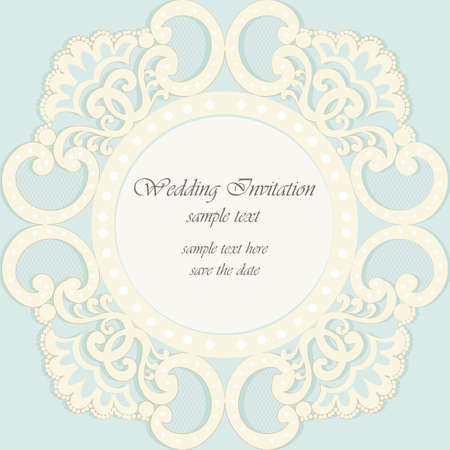 Vector invitation card ornamental lace with damask elements. Elegant lacy feather decoration, greeting card, wedding invitation or announcement, template. Cream and opal blue. Vectorのイラスト素材