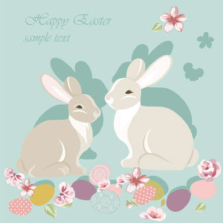 Happy Easter card with cute rabbits in a field of cherry flowers and eggs. Pastel trendy colors. Vectorのイラスト素材