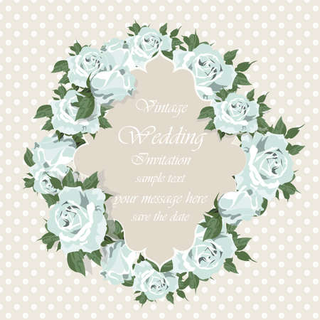 Blue Roses Vintage Invitation card dotted. Delicate Illustration wreath of watercolor rose flowers for wedding, greeting cards, Valentine's day, birthday.. Pastel cream and serenity blue colorのイラスト素材