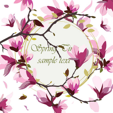 Vintage Spring Watercolor Wreath with Blooming Magnolias Flowers. Flower blossom spring illustration . Vintage background for textile, texture, wallpaper, invitation, greeting cards, wedding etcのイラスト素材