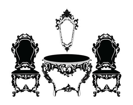 Vintage Baroque chair and table set with luxurious ornaments. Vectorのイラスト素材