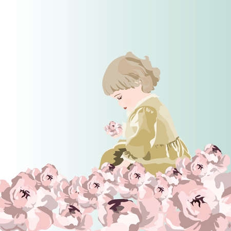 Little baby girl playing in a garden of peonies flowers. Vector beautiful cute illustration for Children's Dayのイラスト素材