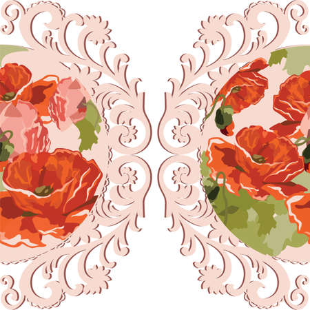 Vintage Watercolor poppy flowers Card with round lace. Vector Retro delicate card crochet laceのイラスト素材