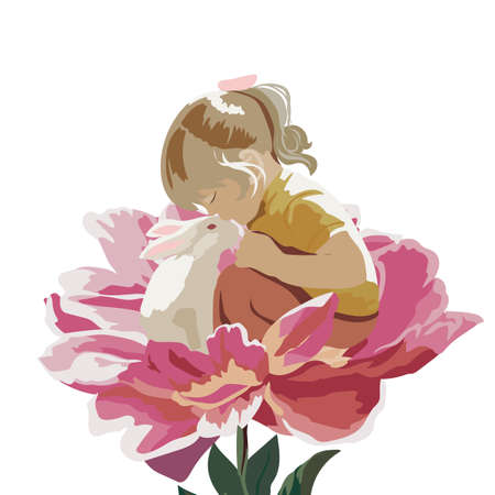 Little girl playing with a rabbit in a meadow of a flower. Vector beautiful sweet composition for Children's Day or Friendship Dayのイラスト素材