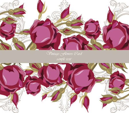Vintage Watercolor Roses Flowers Card Background. Blooming Red Roses Flowers background. Vintage background for, wallpaper, invitation, greetings, wedding. Red colorのイラスト素材