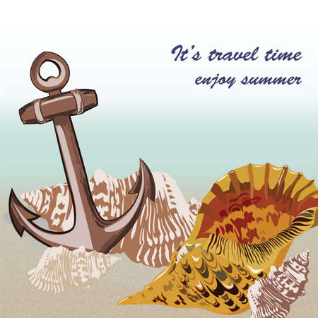 Vector Nautical Marine theme card. Vintage Holiday Sea shell and anchor on beach background. Sailing motif elements for Greeting card or travel cardsのイラスト素材
