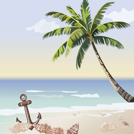 Vintage beautiful Sunset Seaside Tropical card. Summer beach and Palm tree Vector backgroundのイラスト素材