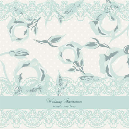 Vector Delicate Lace and Roses Vintage Invitation card. Delicate border of lace watercolor roses on retro dotted background for wedding, greeting cards, Valentine's day, birthday. Serenity colorのイラスト素材