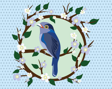 Vintage Vector Spring flowers wreath and a bird. Spring Vintage floral cardのイラスト素材