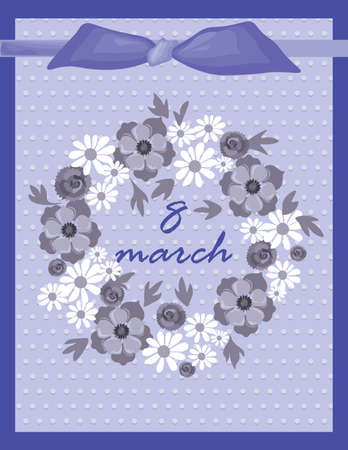 8 march Invitation card with violet purple flowers wreath. Vectorのイラスト素材