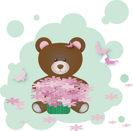 Vector Cute Teddy Bear holding flowers illustrationのイラスト素材