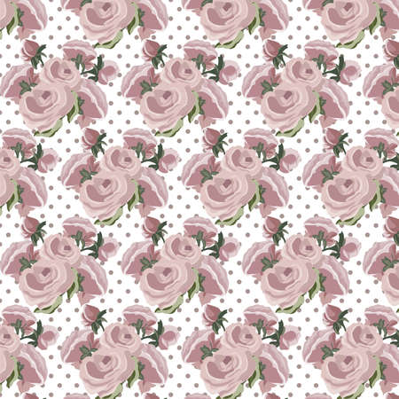 Vector Roses Vintage pattern dotted card. Delicate Illustration of watercolor roses flowers for wedding, greeting cards, Valentine's day, birthday. Rose quartz pink colorのイラスト素材