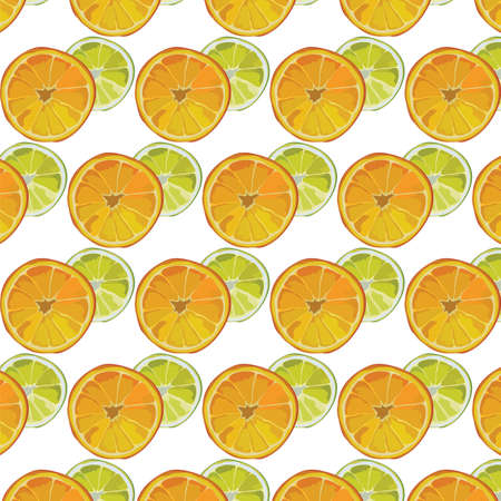 Orange and Lime fresh slices Vector pattern. Vector summer fruits slices pattern backgroundのイラスト素材