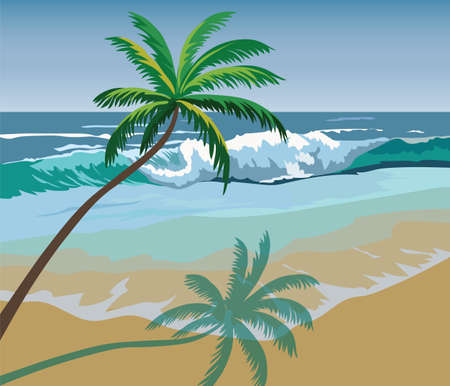 Summer Beach Vector illustration. Summer seaside shore with palm trees Vectorのイラスト素材