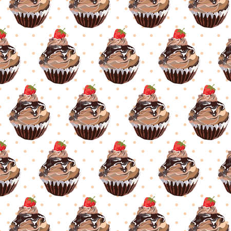 Chocolate cupcake pattern background. Vector cupcake dessert pattern. Delicious cupcake with Melted chocolate top and strawberryのイラスト素材