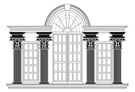 Vector architectural facade. Wire frame blueprint drawing of classic building. Vector architectural template backgroundのイラスト素材