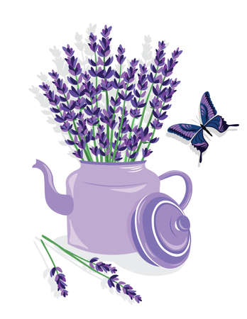 Watercolor illustration of lavender flowers in a Pot. French Provence Vintage flowers and butterfly composition. Floral art for home decoration, organic shop. Natural flowers in retro style. Vectorのイラスト素材