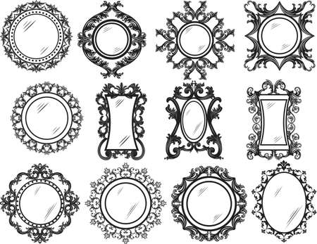 Set of Vintage Retro Round Vector frames. Black and white ornamented workframeのイラスト素材