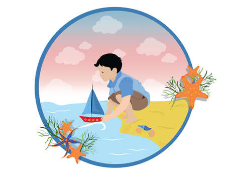 Happy Boy playing with a ship Vector Illustration cardのイラスト素材