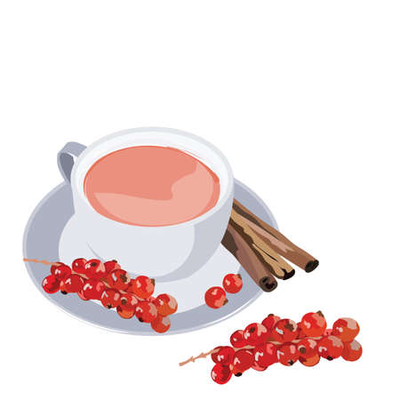 Cup of tea with cranberry and cinnamon on white background. Vector illustration