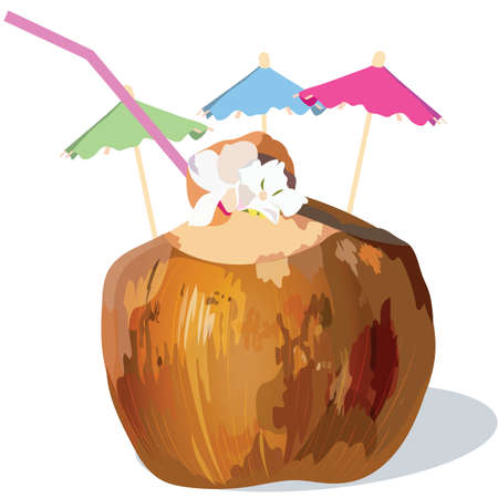 Coconut Fresh Cocktail Vector. Exotic tropical cocktail with flowers isolated on a white background. Watercolor hand drawn illustrationのイラスト素材