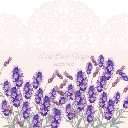 Lavender Card with flowers in watercolor paint style Vector. Gentle blossom floral bouquet. Vintage Label with lavender beautiful fragranceのイラスト素材