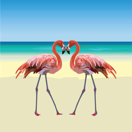 Two flamingo birds forming a shape of a heart. Tropic Exotic Beach background. Summer Vector Travel cardのイラスト素材