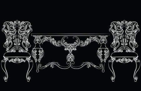 Fabulous Rich Baroque Rococo chair and table set. French Luxury rich carved ornaments furniture. Vector Victorian exquisite Style ornamented wooden furnitureのイラスト素材