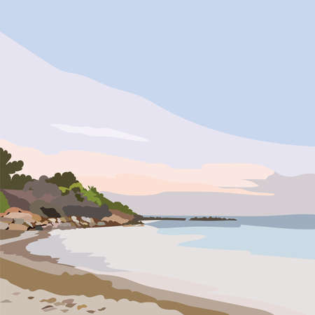 Exotic Island Paradise Beach at Sunset or Sunrise. Summer Beach Tropics. Vector background card in pastel rose quartz and serenity colorsのイラスト素材