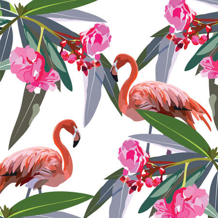 Flamingo birds and tropic flowers Vector card. Tropic Exotic pattern backgroundのイラスト素材