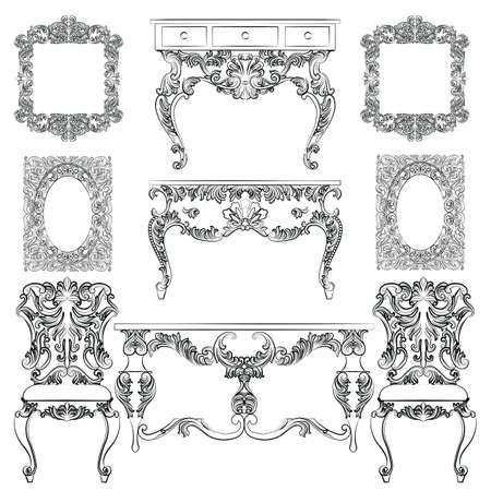 Vector collection of Baroque style furniture. Vintage Vector set of Antique Royal furniture. different rich detailed ornamented elementsのイラスト素材