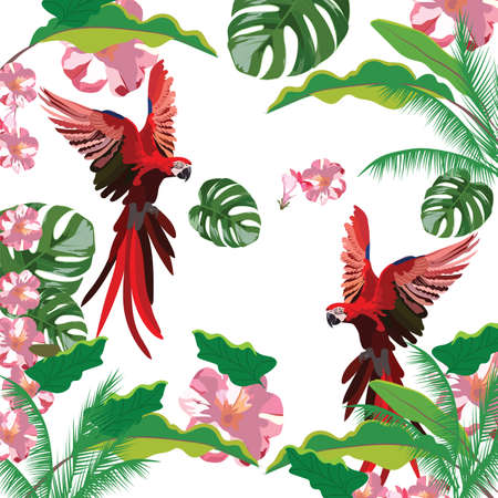 Exotic tropical pattern with parrot birds and  flowers. Vector background illustrationのイラスト素材