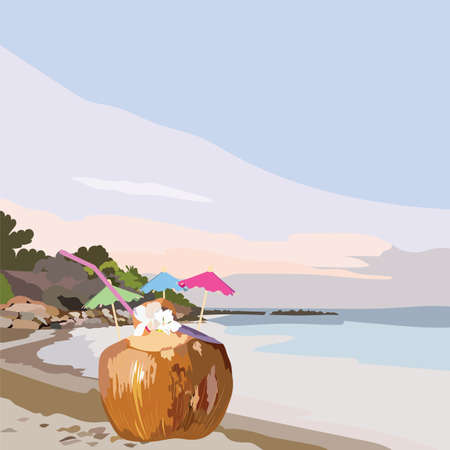 Coconut Fresh Cocktail Vector on the beach. Exotic tropical cocktail with flowers. Realistic hand drawn illustration. Summer paradise backgroundのイラスト素材