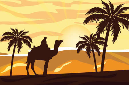 Sunset in the desert with man on camel Vector illustrationのイラスト素材