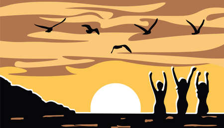 Summer Card with women silhouette Vector. Summer party border, posterのイラスト素材