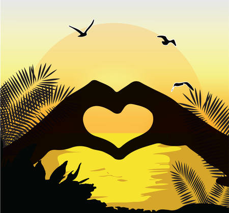 Summer Beach Sunset vector. Heart silhouette handsのイラスト素材
