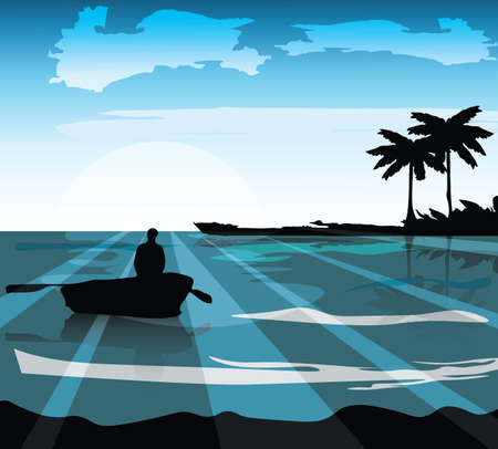 Sea island shore. Palm leaves on foreground Vector illustration. Sea waves in moonlight Vector. Boat sailing silhouetteのイラスト素材