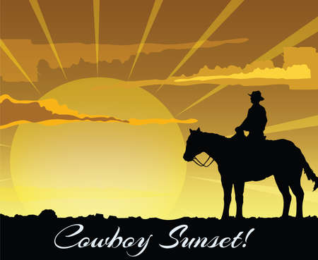 Cowboy silhouette sitting on horse at sunset . Vector illustrationのイラスト素材
