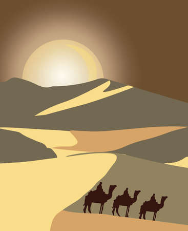 Cowboys on camels silhouette at sunset. Vector illustrationのイラスト素材