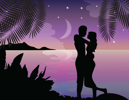 Summer Beach view Card Vector. Romantic Couple and Palm Trees silhouetteのイラスト素材