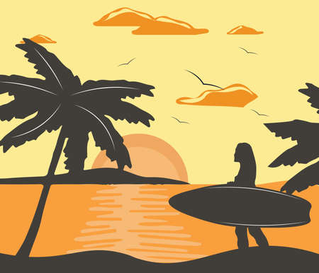 Summer Beach Vector with silhouette woman surfingのイラスト素材