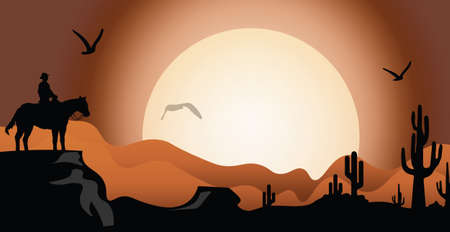 Sunset in the desert with cowboy on horse Vector illustrationのイラスト素材