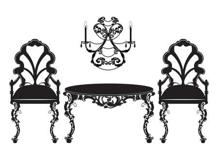 Vintage Baroque luxury ornamented furniture set. Baroque style chairs and table. Vector sketchのイラスト素材