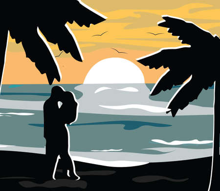 Summer Night Beach view Card Vector. Romantic Couple and Palm Trees silhouette. Moonlight shineのイラスト素材
