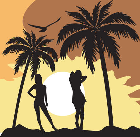 Summer Card with women silhouette Vector. Summer party border, posterのイラスト素材