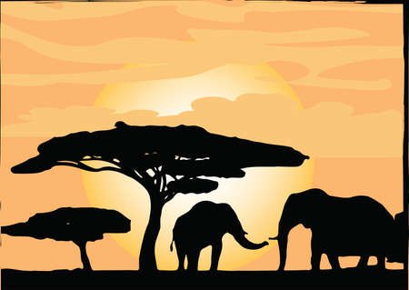 African Safari Elephants with trees silhouettes Vectorのイラスト素材