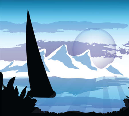 Summer Night Beach view Card Vector. Palm Trees silhouette. Moonlight shineのイラスト素材