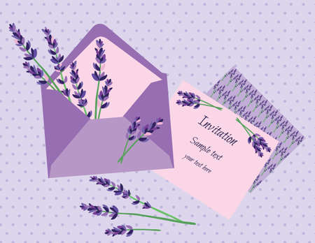 Purple Lavender Invitation Card Vector. Wedding invitation letter with  lavender flower. Vintage backgroundのイラスト素材